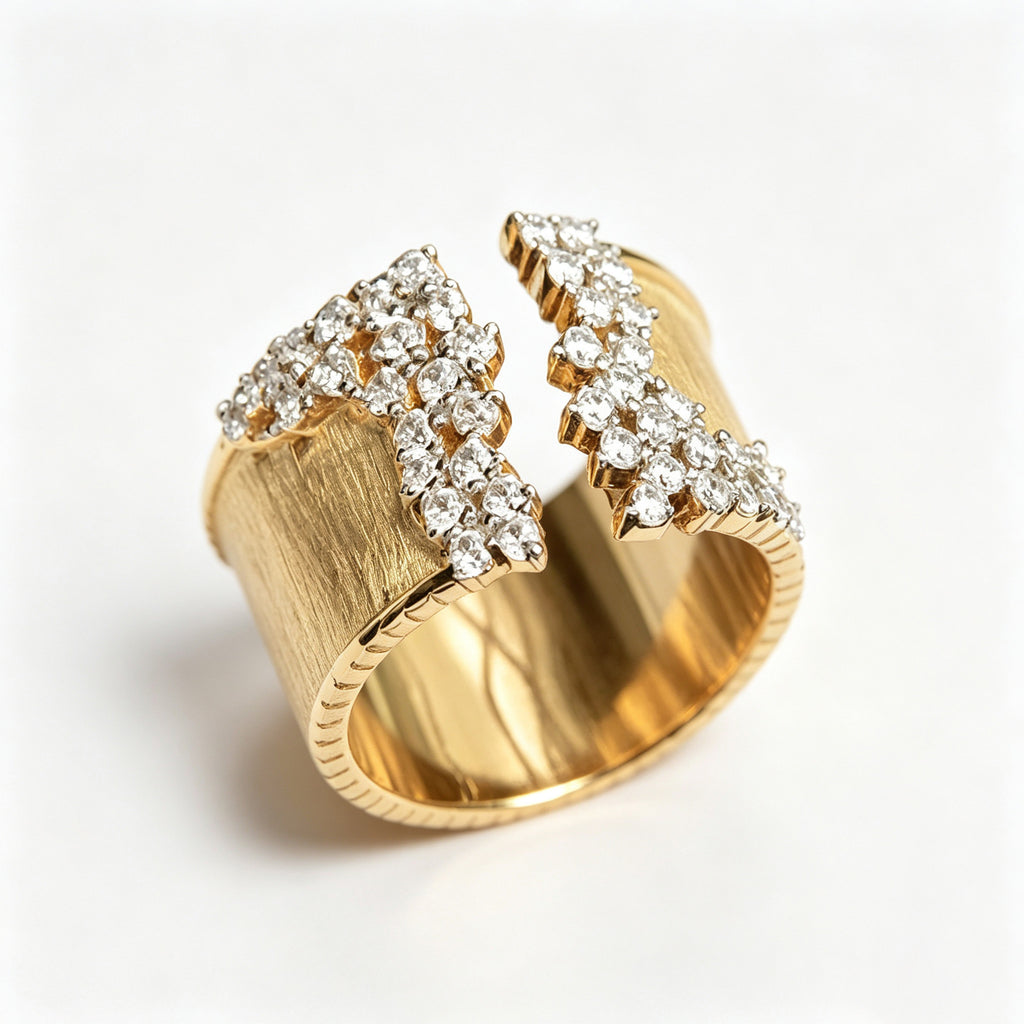 Brushed Gold Pave Edge Open Cuff Ring