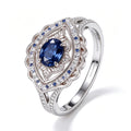 Oval Sapphire Scalloped Halo Silver Ring