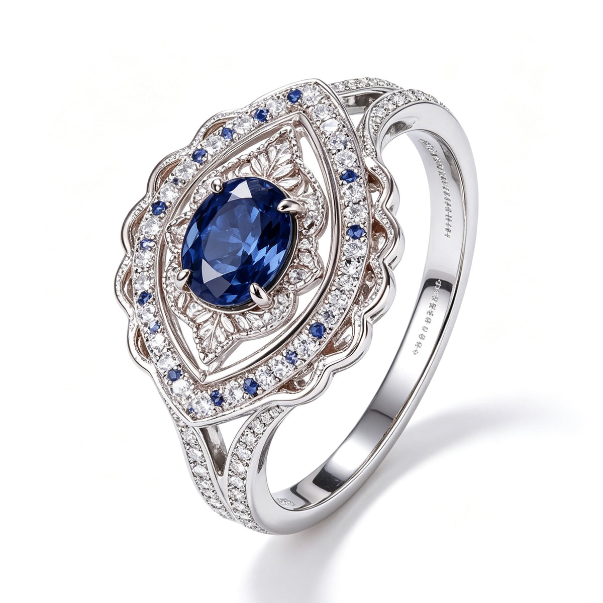 Oval Sapphire Scalloped Halo Silver Ring