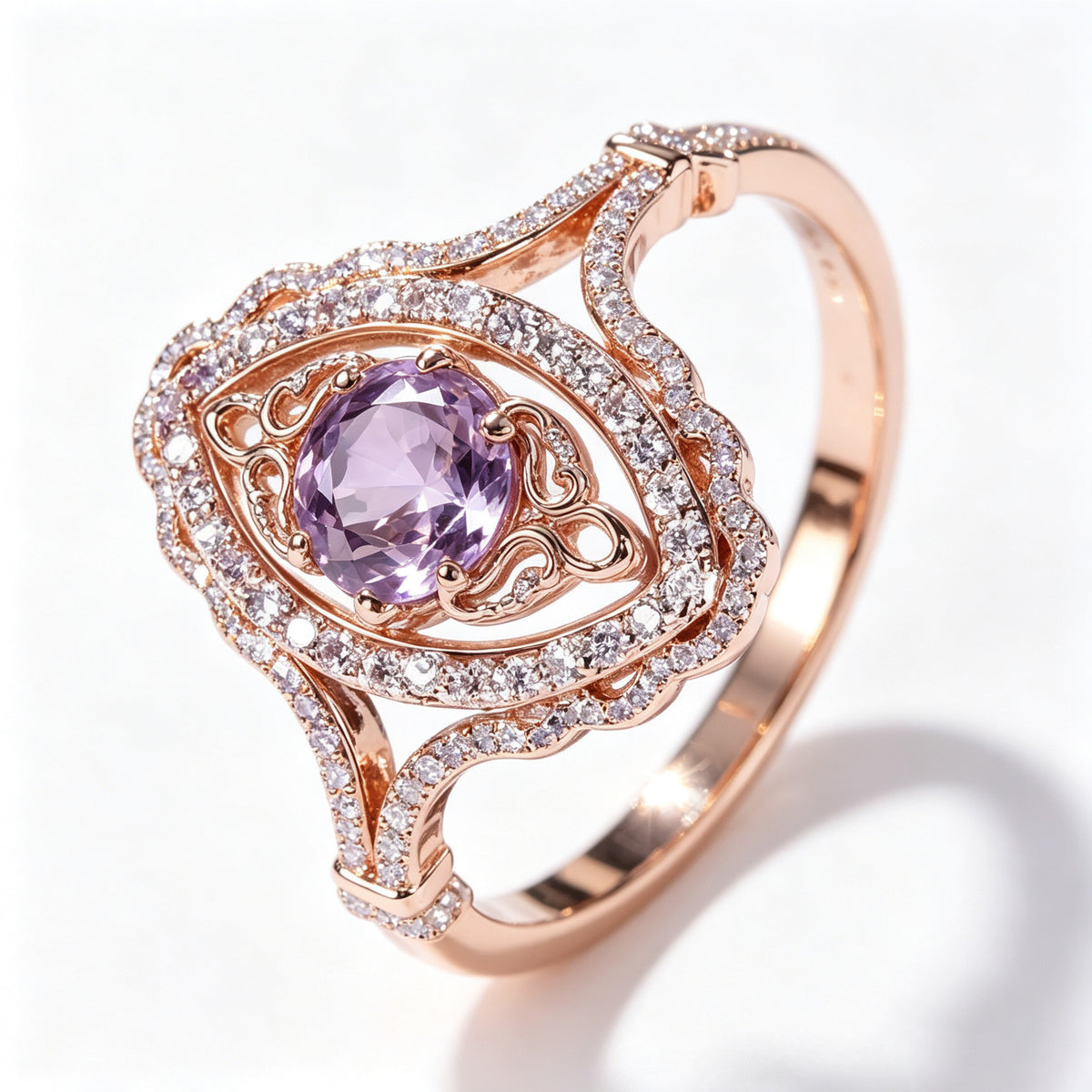 Round Amethyst Scalloped Halo Rose Gold Ring