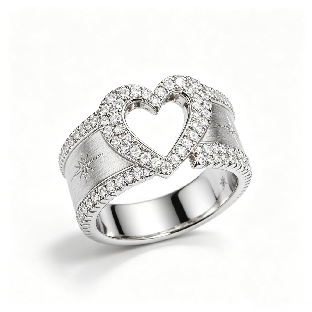 Pave Heart and Starburst Brushed Silver Ring