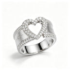 Pave Heart and Starburst Brushed Silver Ring