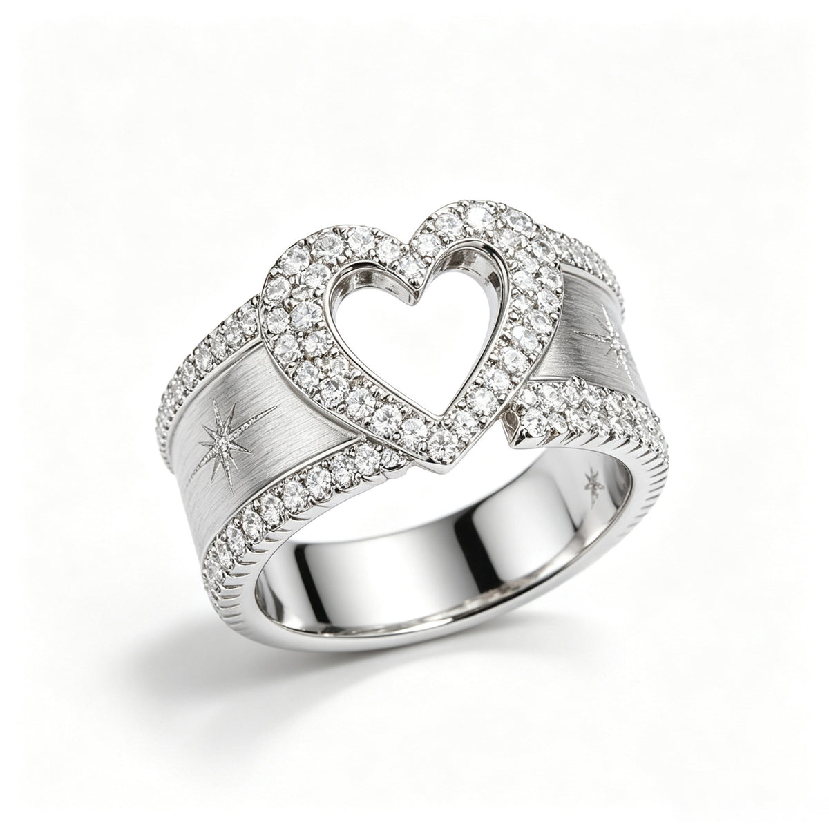 Pave Heart and Starburst Brushed Silver Ring