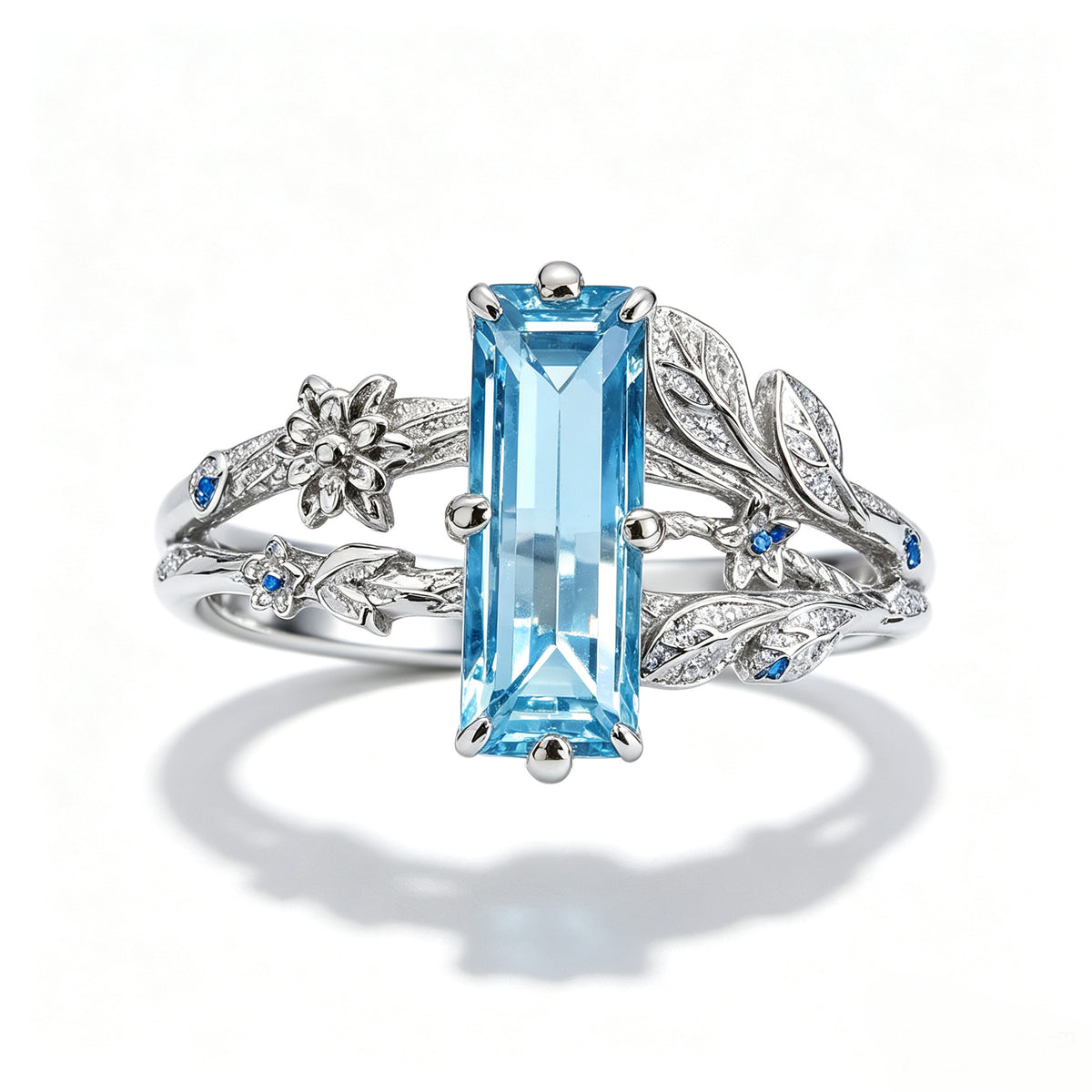 Baguette Aquamarine Botanical Silver Ring