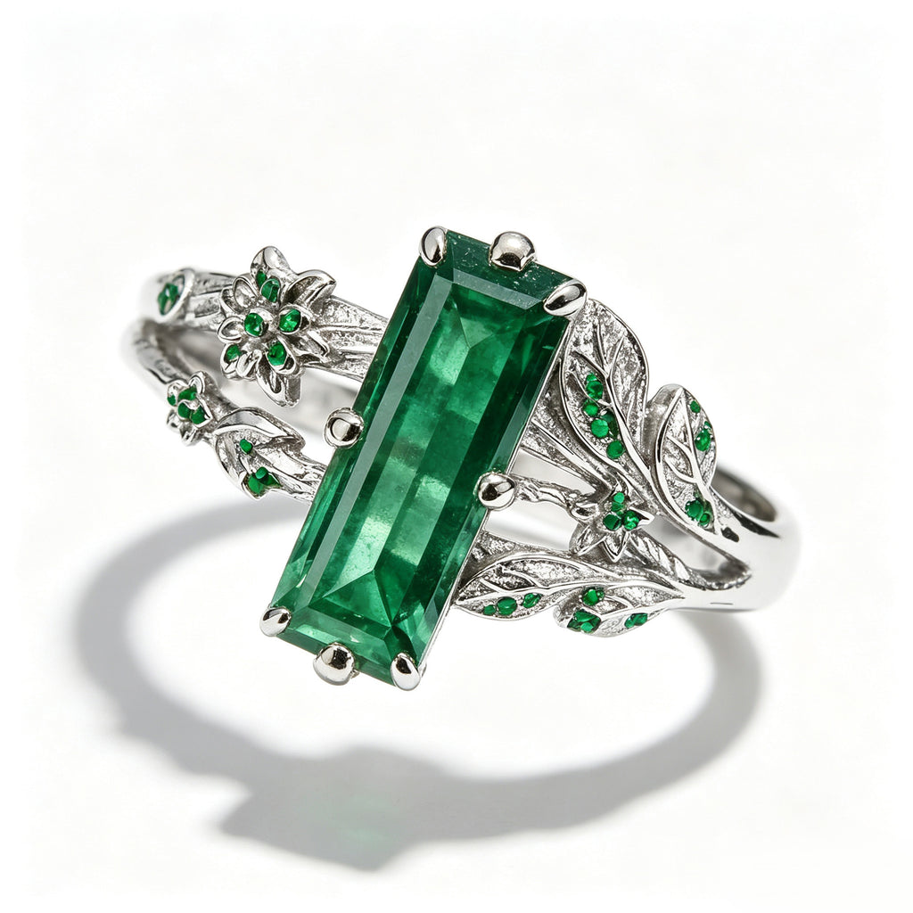 Baguette Emerald Botanical Silver Ring
