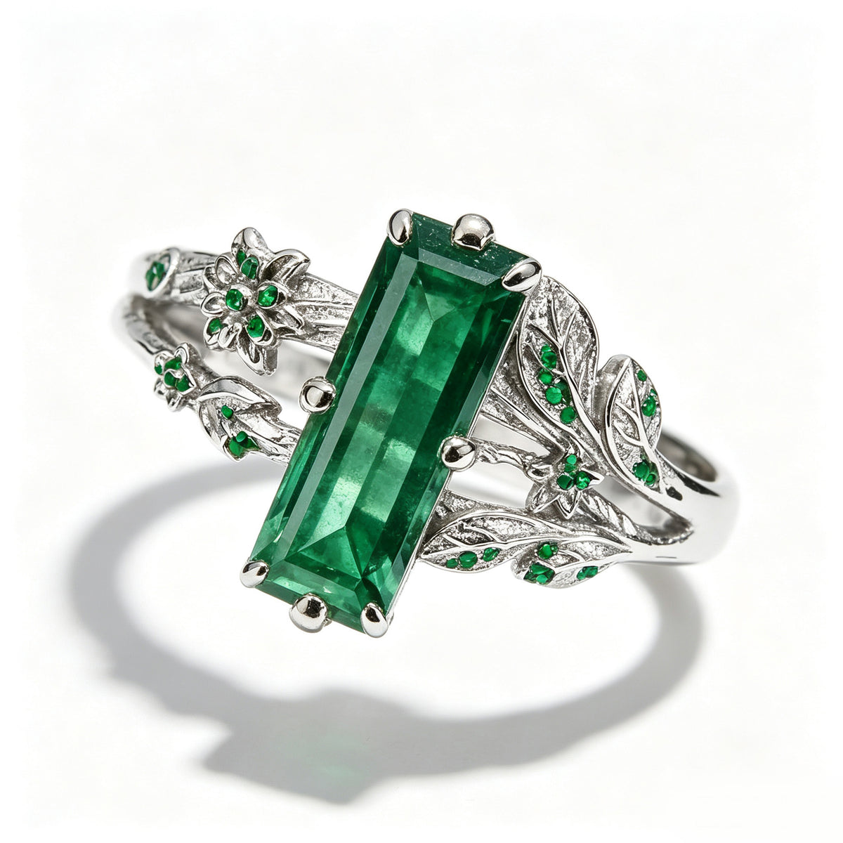 Baguette Emerald Botanical Silver Ring