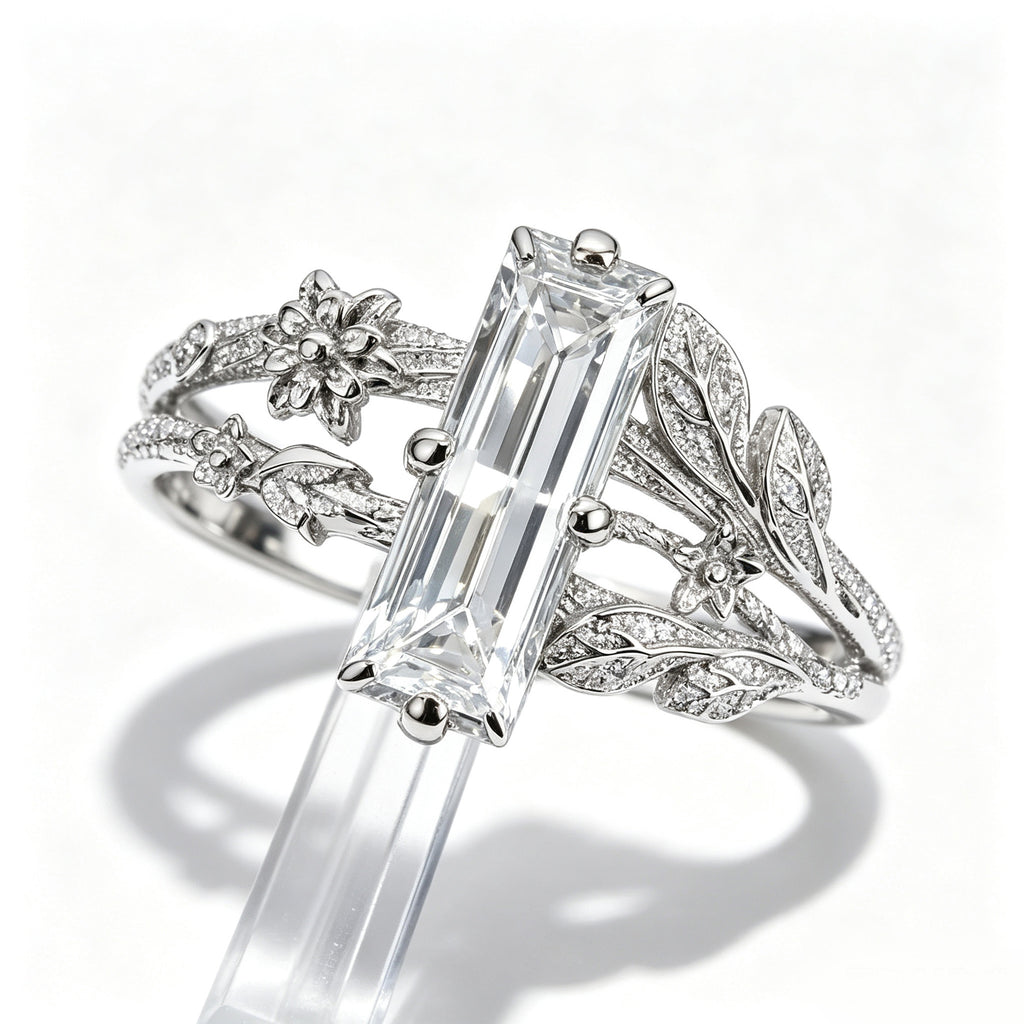 Baguette Crystal Botanical Silver Ring
