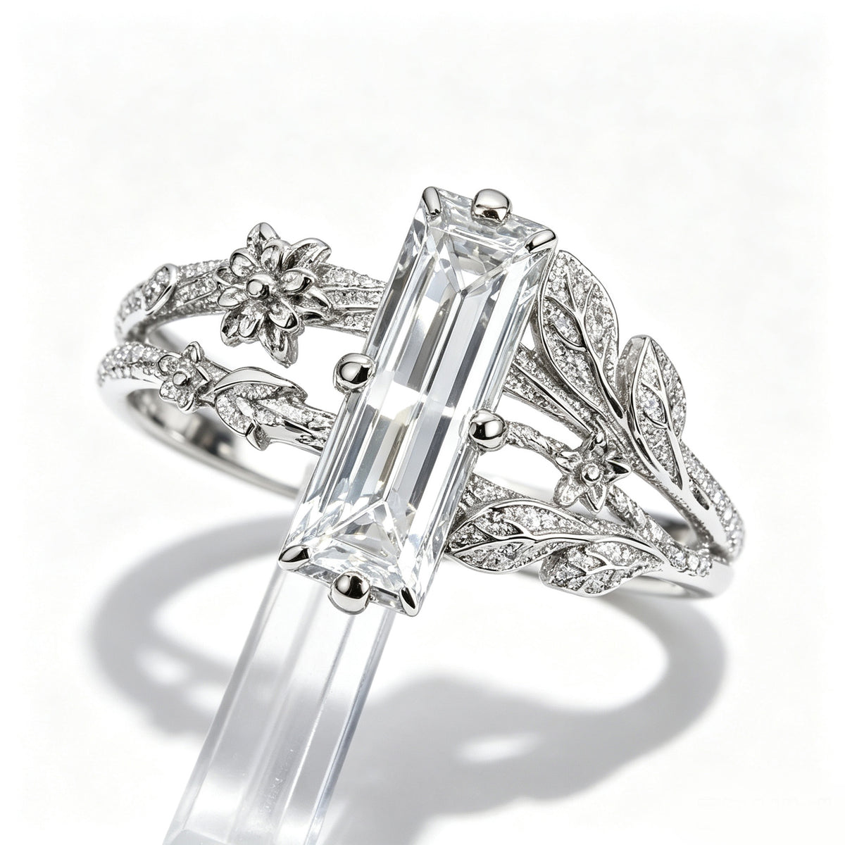 Baguette Crystal Botanical Silver Ring