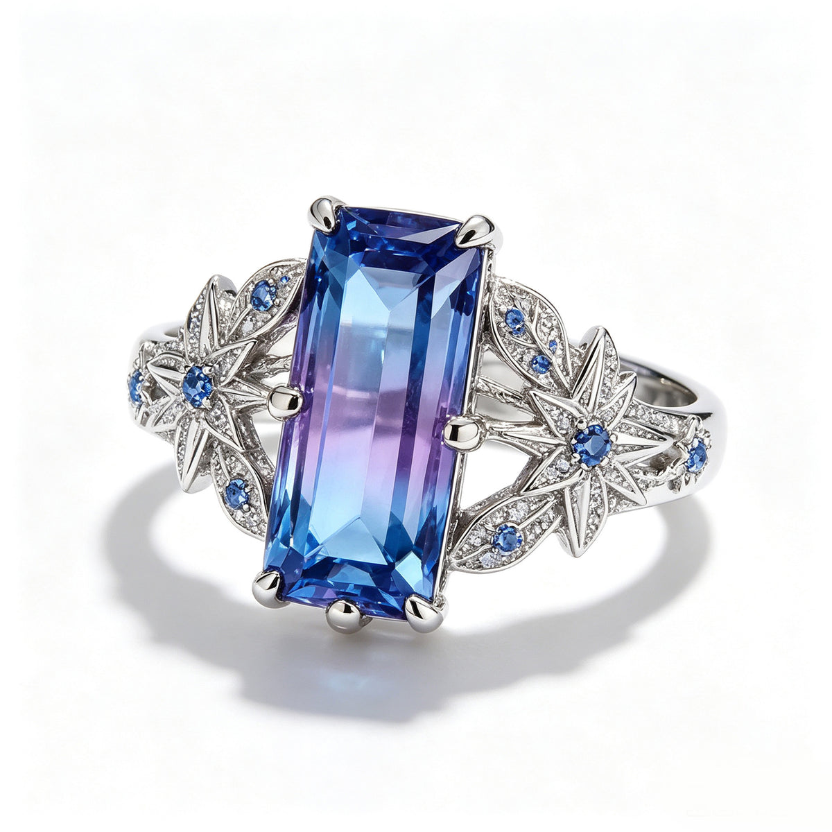 Baguette Gradient Blue-Purple Botanical Silver Ring