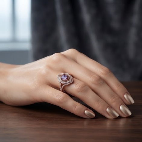 Round Amethyst Scalloped Halo Rose Gold Ring