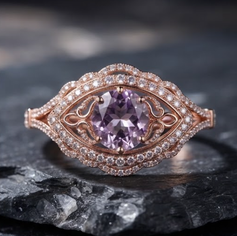 Round Amethyst Scalloped Halo Rose Gold Ring