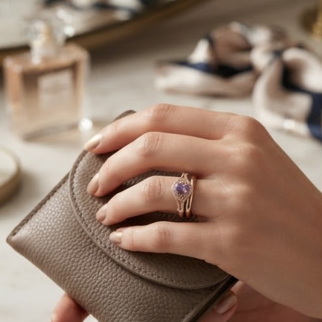 Round Amethyst Scalloped Halo Rose Gold Ring