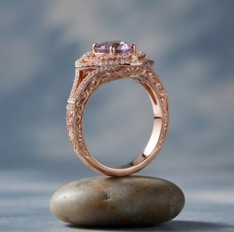 Round Amethyst Scalloped Halo Rose Gold Ring