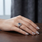 Oval Sapphire Scalloped Halo Silver Ring