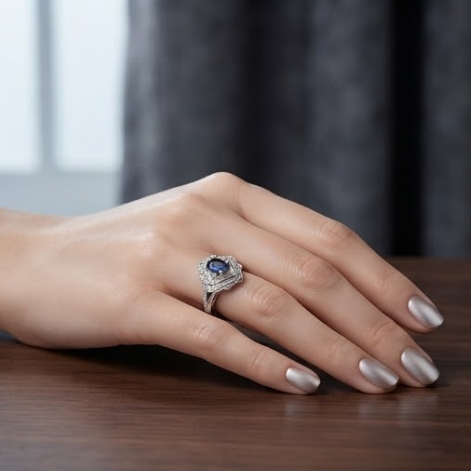 Oval Sapphire Scalloped Halo Silver Ring