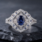 Oval Sapphire Scalloped Halo Silver Ring