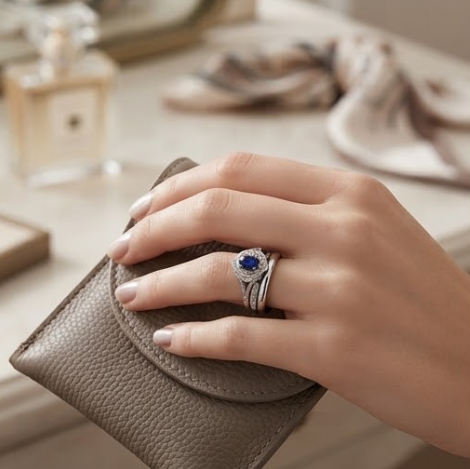Oval Sapphire Scalloped Halo Silver Ring