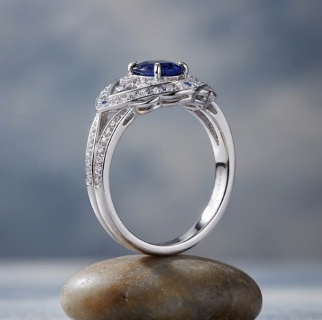 Oval Sapphire Scalloped Halo Silver Ring