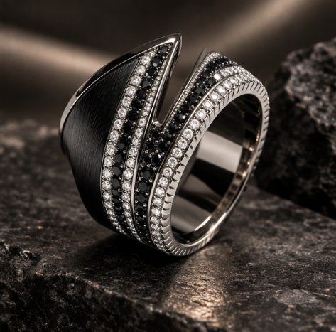 Black and White Pave Bypass Statement Ring
