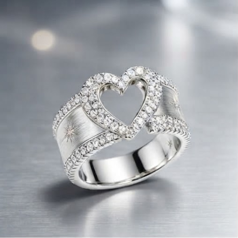 Pave Heart and Starburst Brushed Silver Ring