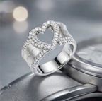 Pave Heart and Starburst Brushed Silver Ring
