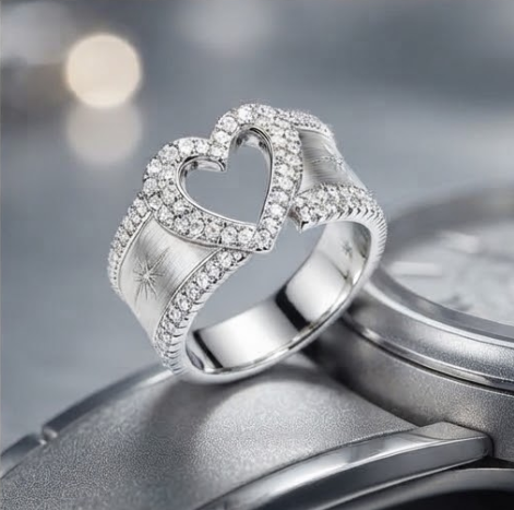 Pave Heart and Starburst Brushed Silver Ring