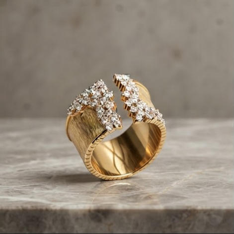Brushed Gold Pave Edge Open Cuff Ring