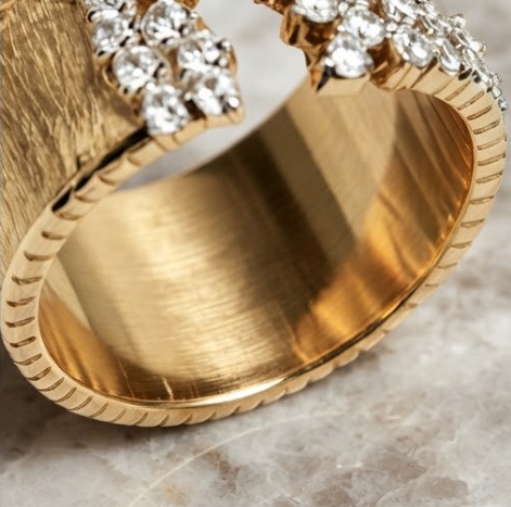 Brushed Gold Pave Edge Open Cuff Ring