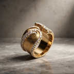 Sculpted Gold Swirl Pave Edge Cuff Ring