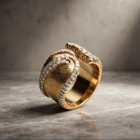 Sculpted Gold Swirl Pave Edge Cuff Ring