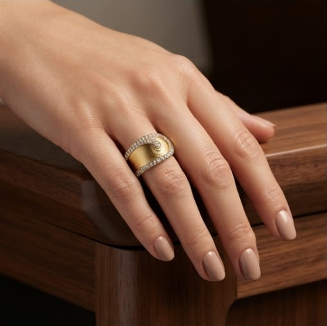 Sculpted Gold Swirl Pave Edge Cuff Ring