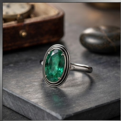 Oval Emerald Multi-Layer Frame Silver Ring