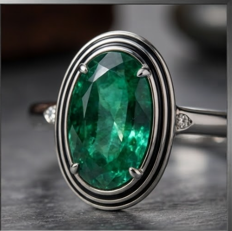 Oval Emerald Multi-Layer Frame Silver Ring