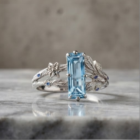 Baguette Aquamarine Botanical Silver Ring