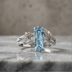Baguette Aquamarine Botanical Silver Ring