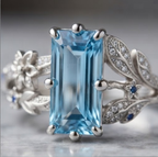 Baguette Aquamarine Botanical Silver Ring