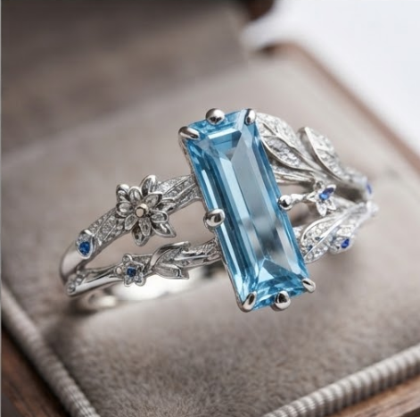 Baguette Aquamarine Botanical Silver Ring