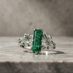 Baguette Emerald Botanical Silver Ring