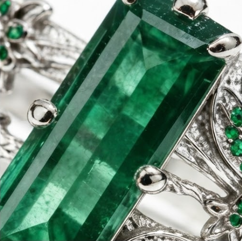 Baguette Emerald Botanical Silver Ring