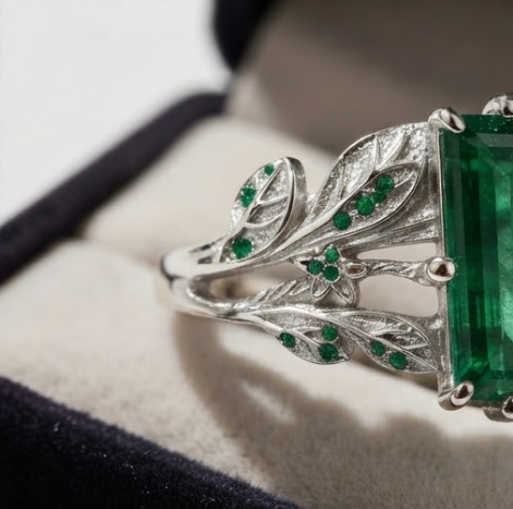 Baguette Emerald Botanical Silver Ring