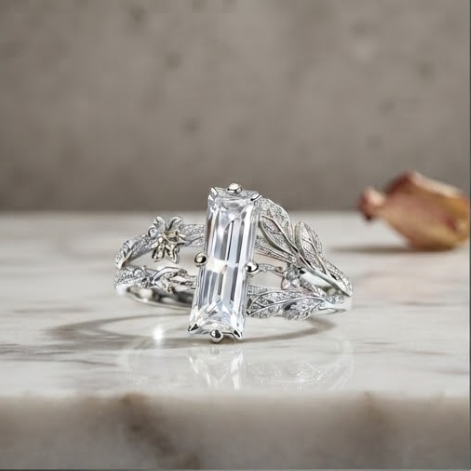 Baguette Crystal Botanical Silver Ring