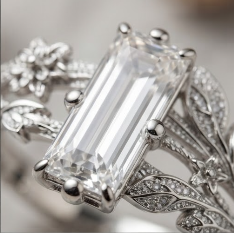 Baguette Crystal Botanical Silver Ring