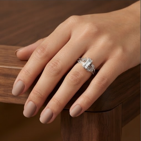Baguette Crystal Botanical Silver Ring
