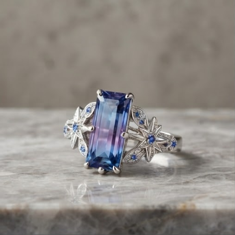 Baguette Gradient Blue-Purple Botanical Silver Ring