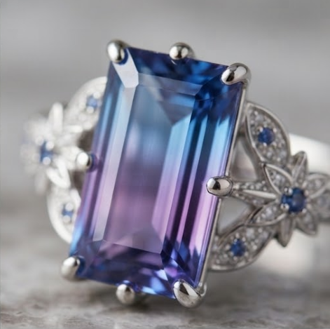 Baguette Gradient Blue-Purple Botanical Silver Ring