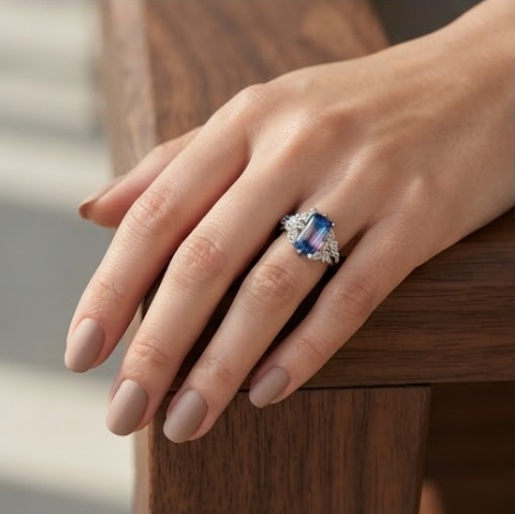 Baguette Gradient Blue-Purple Botanical Silver Ring