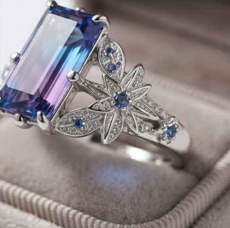 Baguette Gradient Blue-Purple Botanical Silver Ring